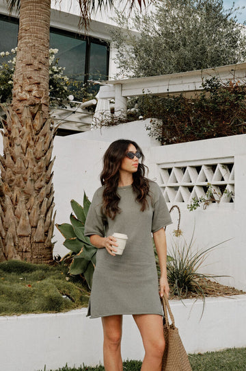 Ceres Life - Short Sleeve Boxy Knit Dress - Moss Green