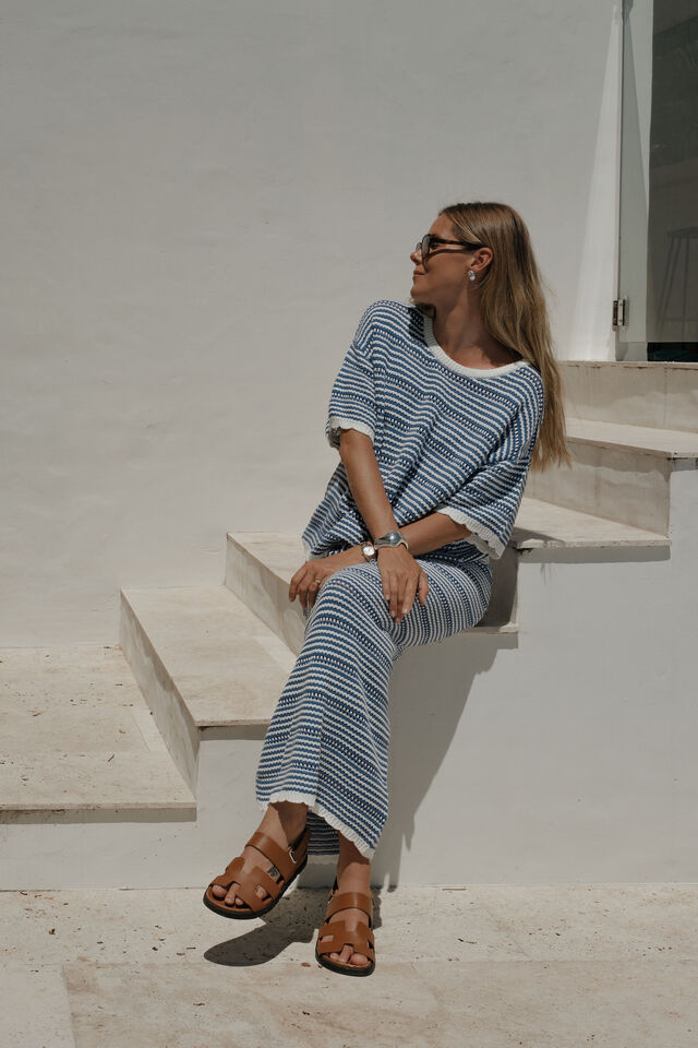 Ceres Life - Textured Boxy Knit Tee - Summer Blue Stripe