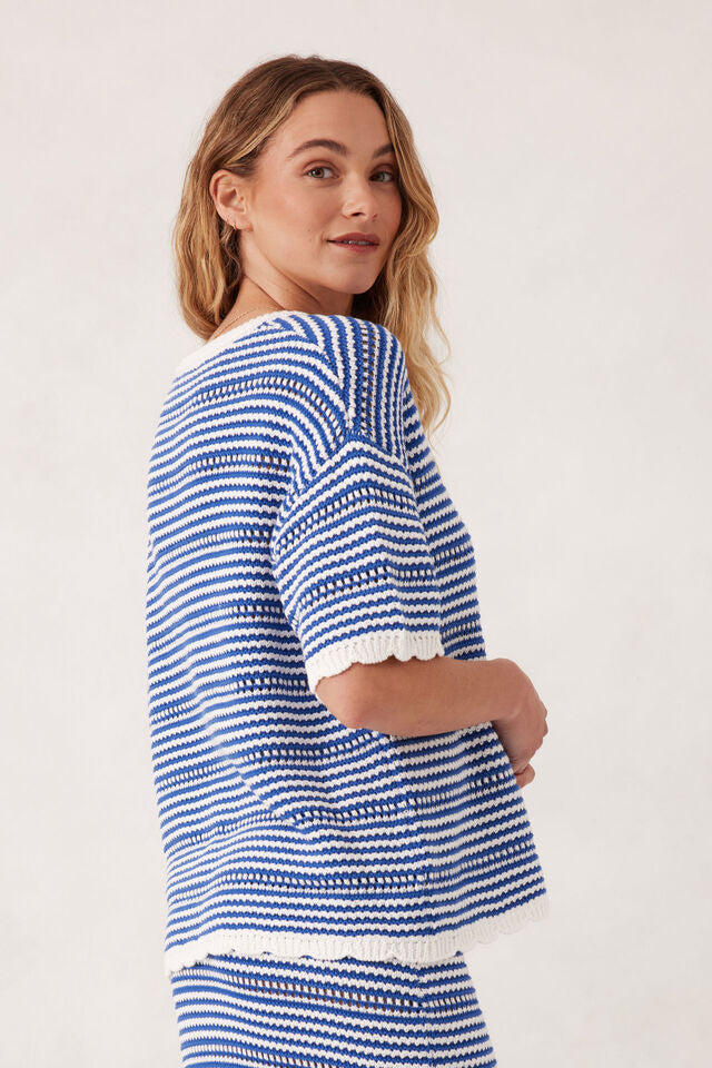 Ceres Life - Textured Boxy Knit Tee - Summer Blue Stripe