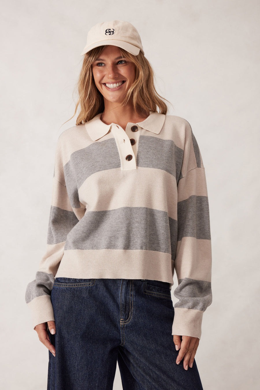 Ceres Life - Long Sleeve Rugby Knit - Grey Marle/ Oatmeal Marle Stripe