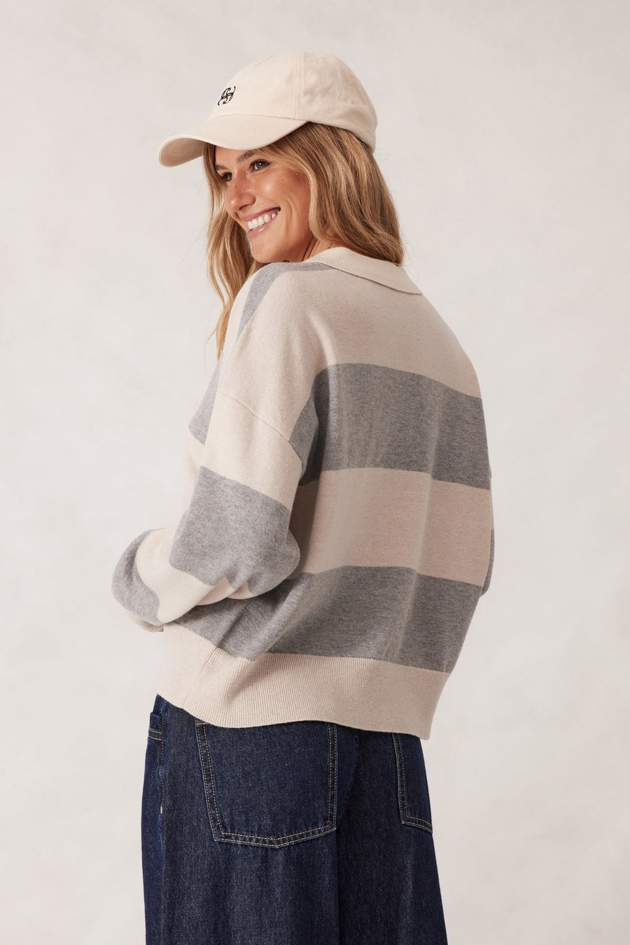 Ceres Life - Long Sleeve Rugby Knit - Grey Marle/ Oatmeal Marle Stripe