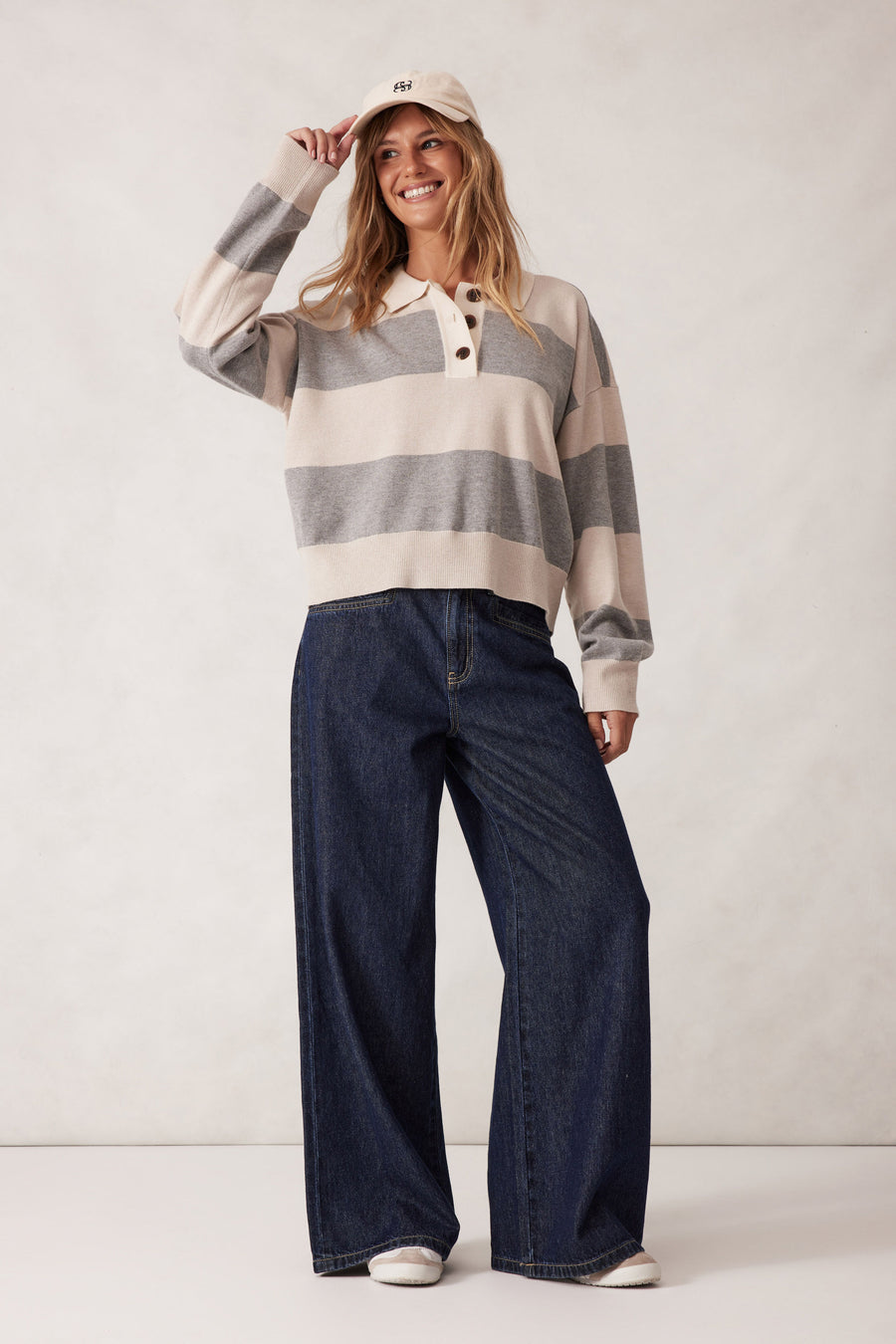 Ceres Life - Long Sleeve Rugby Knit - Grey Marle/ Oatmeal Marle Stripe