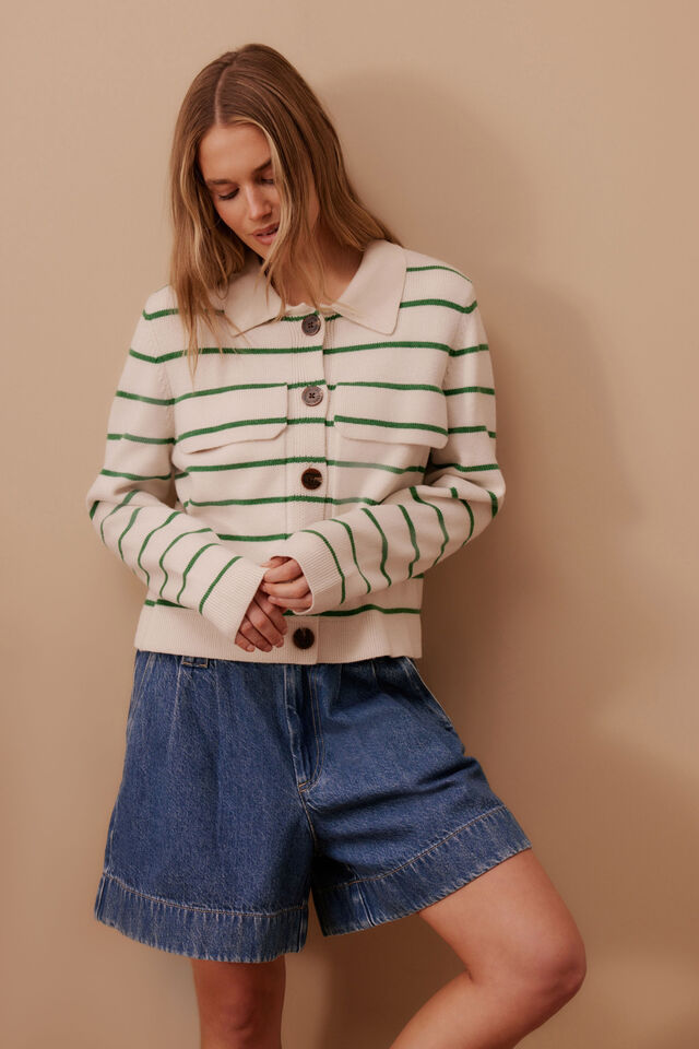 Ceres Life - Soft Knit Collared Cardi - Ecru/Kelly Green Stripe