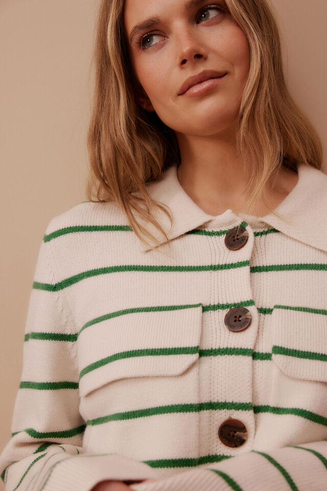 Ceres Life - Soft Knit Collared Cardi - Ecru/Kelly Green Stripe