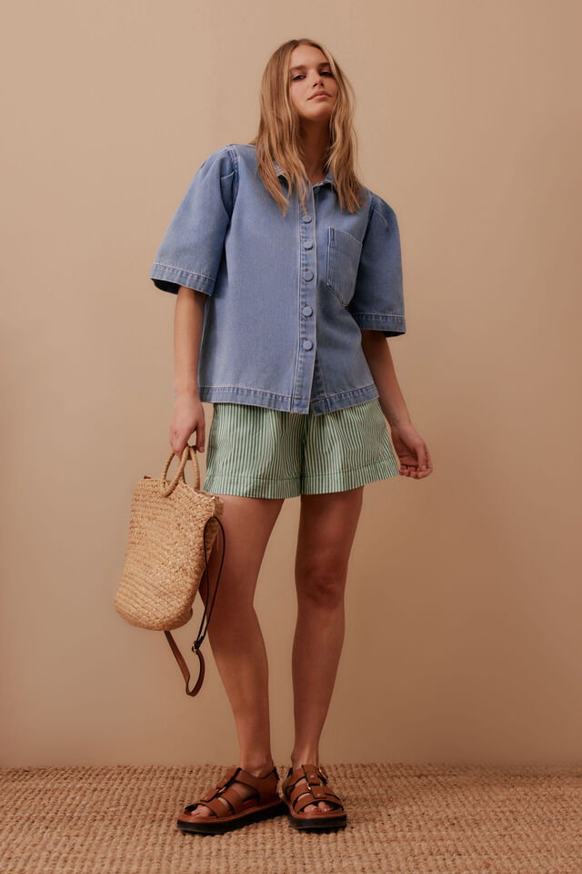 Ceres Life - Dylan Pleat Sleeve Denim Shirt - Vintage Blue