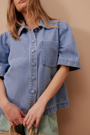 Ceres Life - Dylan Pleat Sleeve Denim Shirt - Vintage Blue