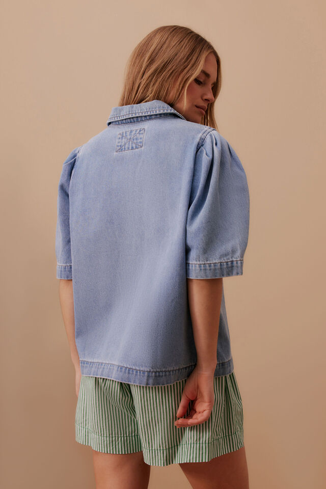 Ceres Life - Dylan Pleat Sleeve Denim Shirt - Vintage Blue