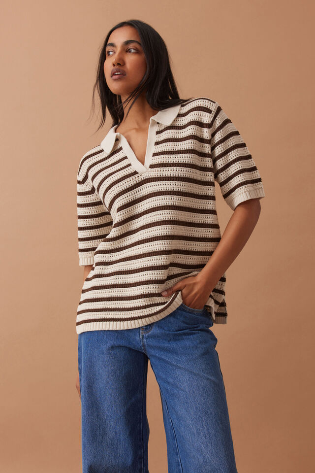 Ceres Life - Molly Textured Stripe Short Sleeve Knit - Tunic/Choc Stripe