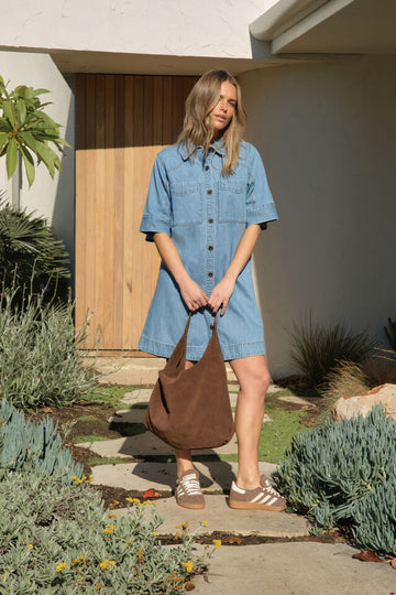 Ceres Life - Short Sleeve Yoke Detail Mini Dress - Vintage Blue