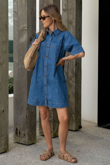 Ceres Life - Ava Short Sleeve Mini Dress - Fresh Indigo
