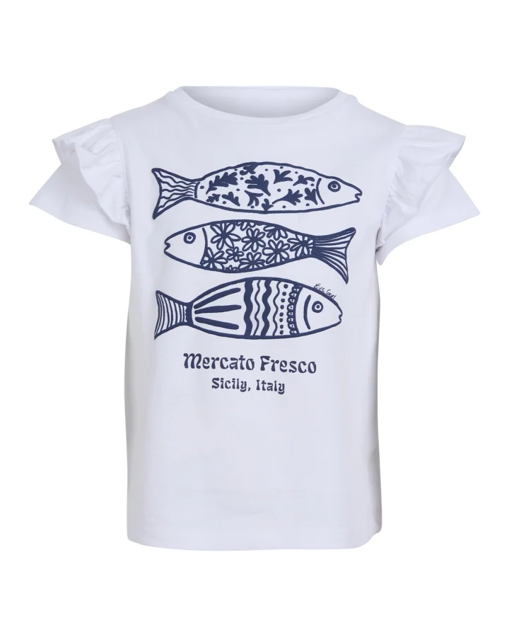 Eve Girl - Sardines Frill Tee - White - Kids Size 3-7