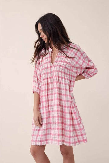 Ceres Life - SHIRRED CHECK MINI DRESS - PINK CHECK