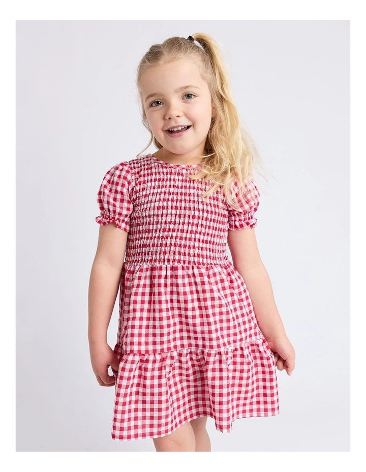Animal Crackers - Elsa Gingham Shirred Dress - Red - Kids Size 3-7