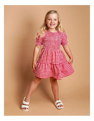 Animal Crackers - Elsa Gingham Shirred Dress - Red - Kids Size 3-7