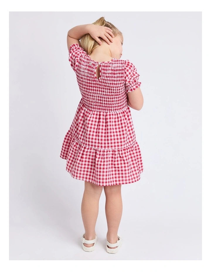 Animal Crackers - Elsa Gingham Shirred Dress - Red - Kids Size 3-7