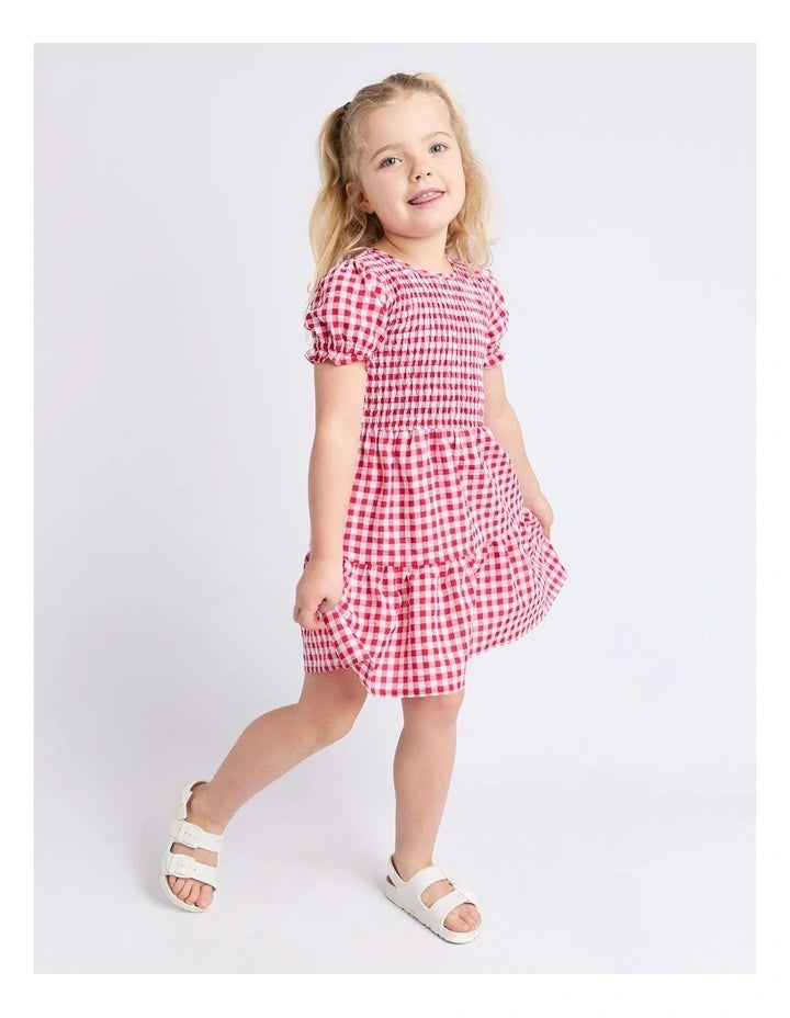 Animal Crackers - Elsa Gingham Shirred Dress - Red - Kids Size 3-7