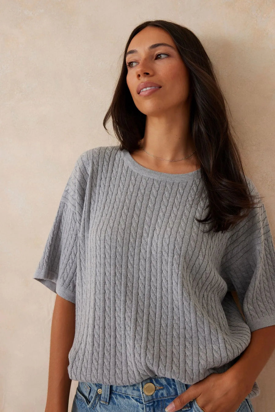 Ceres Life - Short Sleeve Cable Knit - Grey Marle