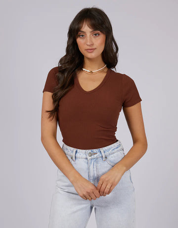 All About Eve - Eve Rib V Neck Tee - Brown