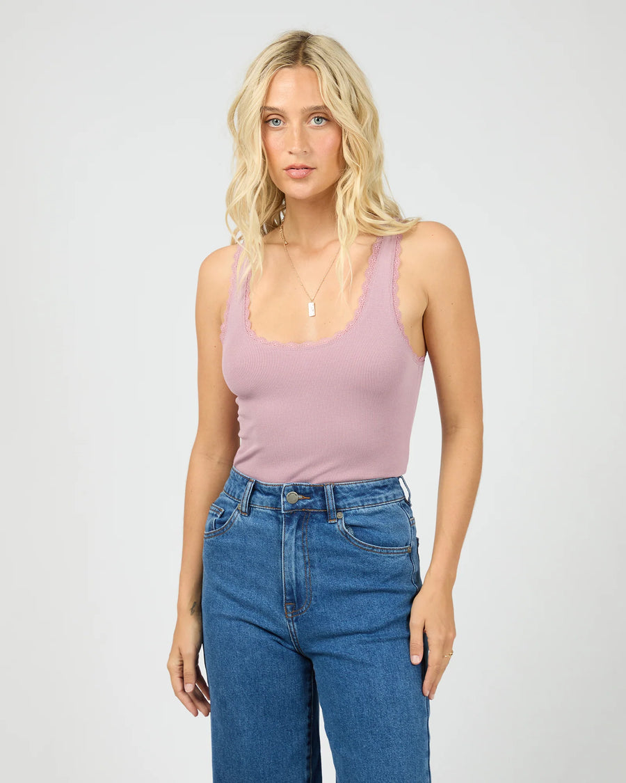 All About Eve - Wash Rib Lace Tank - Quartz Pink