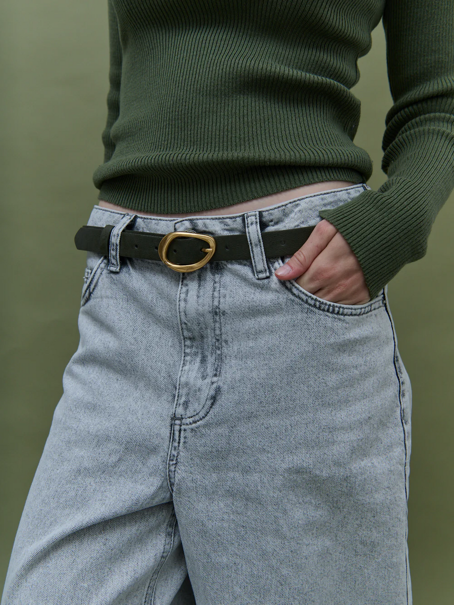 Angels Whisper - Oval Buckle PU Leather Belt - Olive