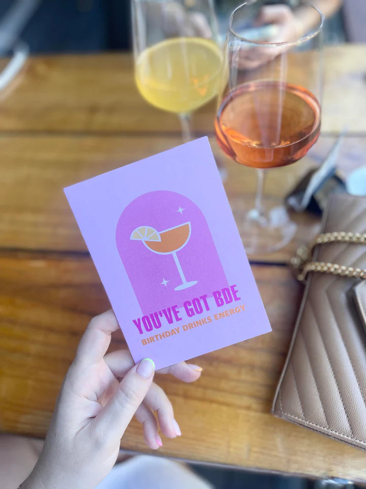 Bad on Paper - BDE (birthday drinks energy) - Pink Birthday Greeting Card