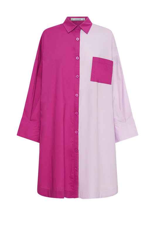Bohemian Traders - Oversized Long Sleeve Midi Shirt Dress - Fuscia Multi