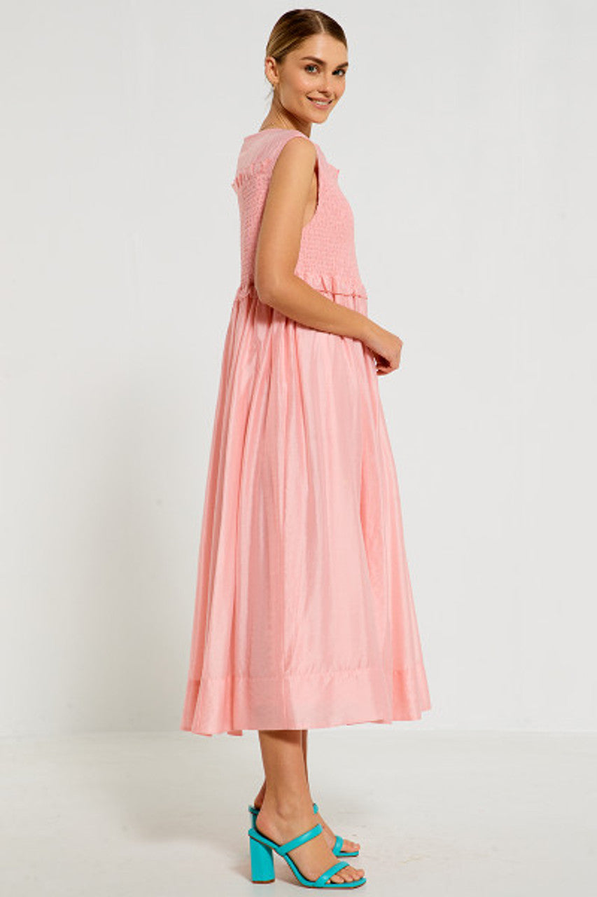 Bohemian Traders - Sleeveless Shirred Midi Dress in Pink Organza Tencel