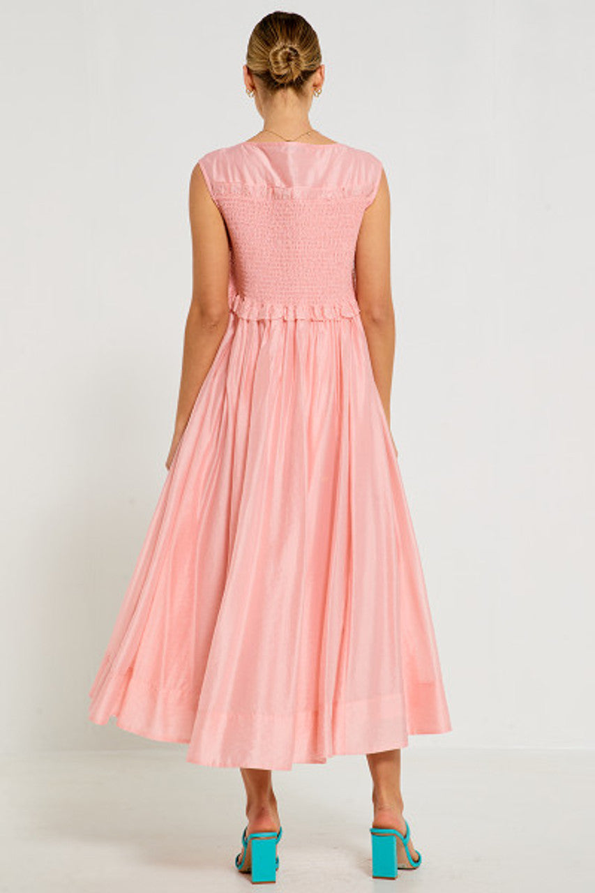 Bohemian Traders - Sleeveless Shirred Midi Dress in Pink Organza Tencel