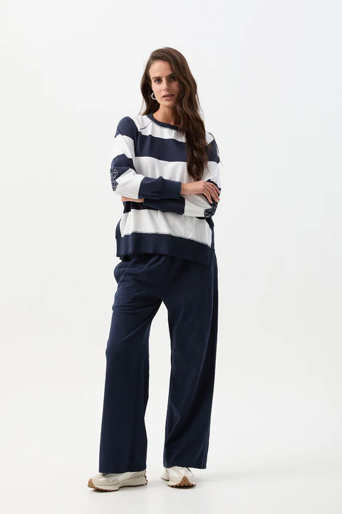 Cloth + Paper + Scissors -  Brushed Cotton Striped Sweater - White/ Parisian Night
