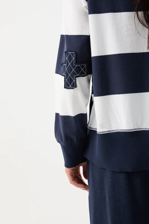 Cloth + Paper + Scissors -  Brushed Cotton Striped Sweater - White/ Parisian Night