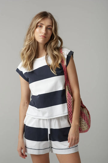 Cloth + Paper + Scissors - Stripe Cap Sleeve Raglan Tee - White/Parisian Navy