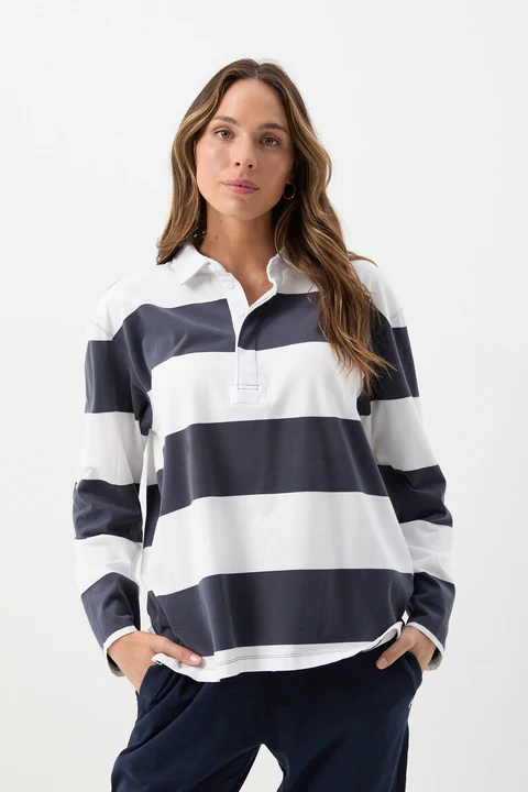 Cloth + Paper + Scissors - Boyfriend Wide Stripe Cotton Rugby - White/Parisian Night