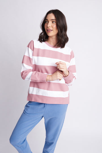 Cloth + Paper + Scissors - Fleece Stripe Side Split Sweater - Blush/White