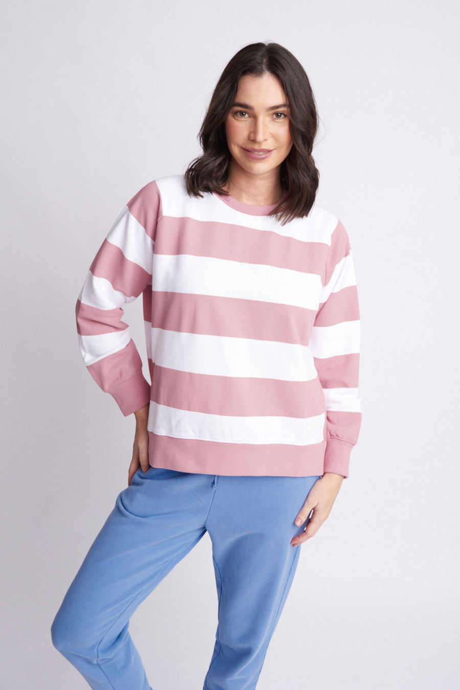 Cloth + Paper + Scissors - Fleece Stripe Side Split Sweater - Blush/White