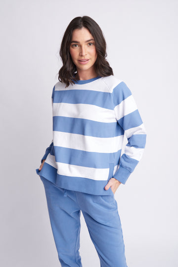 Cloth + Paper + Scissors - Fleece Stripe Side Split Sweater - Denim/Blue
