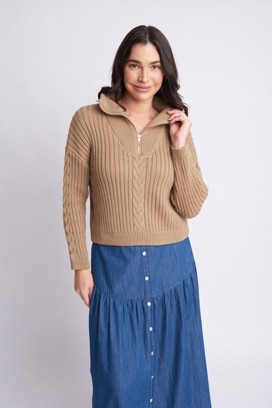 Cloth + Paper + Scissors - Cable 1/2 Zip Sweater - Sahara