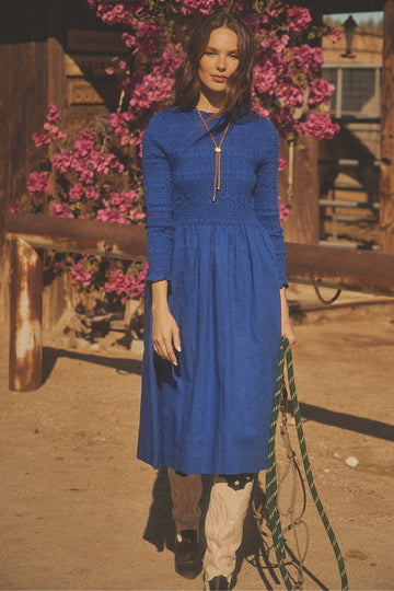 Bohemian Traders - SHIRRED LONG SLEEVE MIDI DRESS IN COBALT