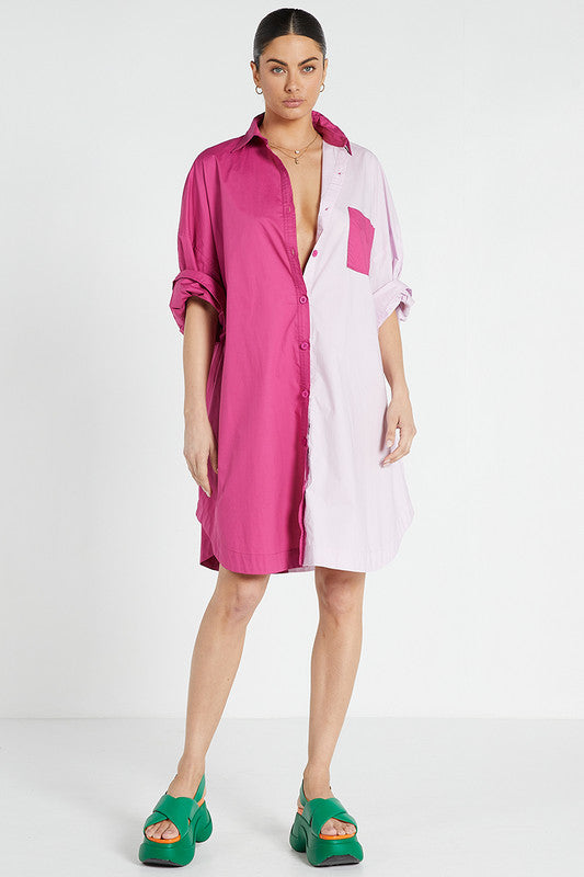 Bohemian Traders - Oversized Long Sleeve Midi Shirt Dress - Fuscia Multi