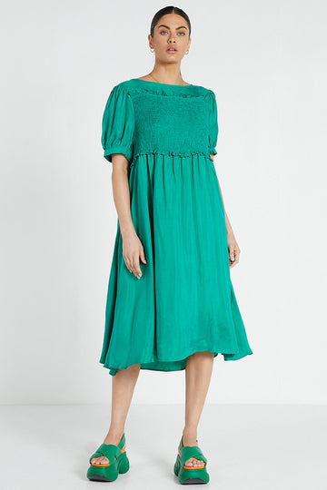 Bohemian Traders - Shirred Midi Dress - Emerald