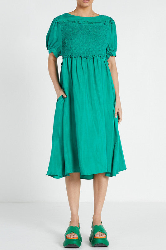 Bohemian Traders - Shirred Midi Dress - Emerald