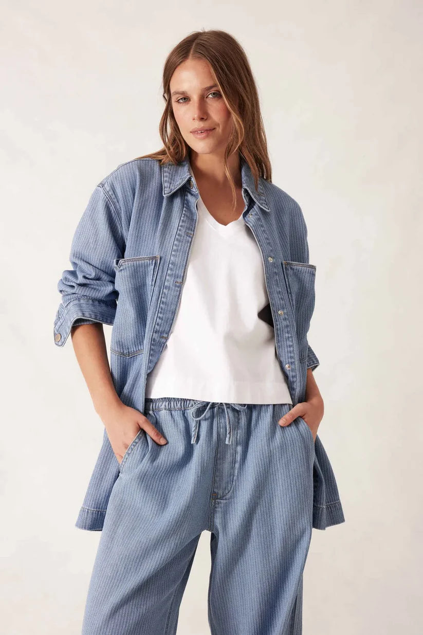 Ceres Life - Goldie Longline Denim Shacket - Blue Herringbone