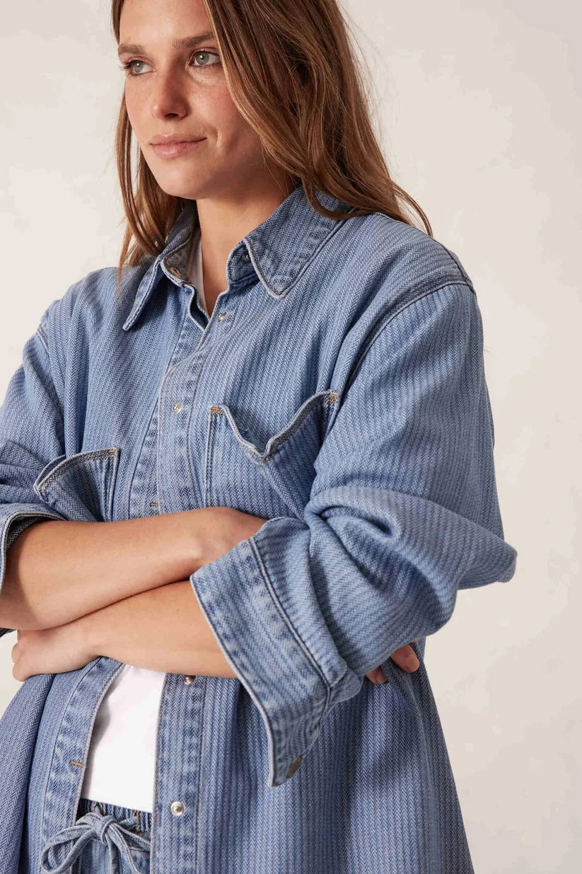 Ceres Life - Goldie Longline Denim Shacket - Blue Herringbone