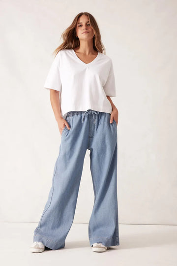 Ceres Life - Andie Wide Leg Drawstring Pant - Blue Herringbone