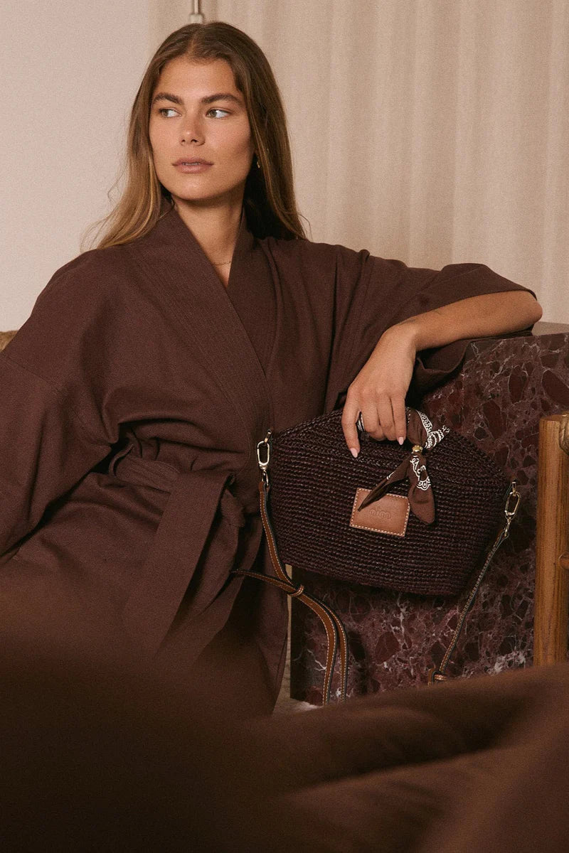 Nim - Leather Trimmed Raffia Mini - Cocoa