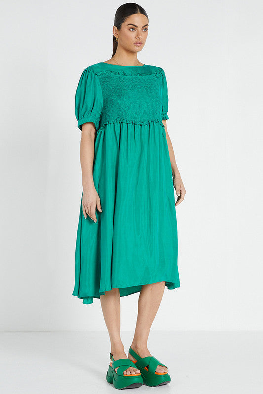 Bohemian Traders - Shirred Midi Dress - Emerald