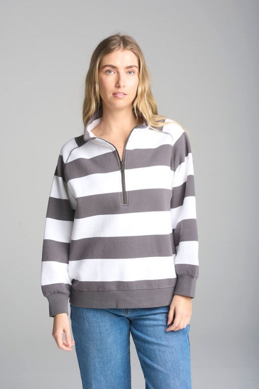 Cloth + Paper + Scissors - Stripe Relaxed 1/2 Zip Sweater - White/ Pavement
