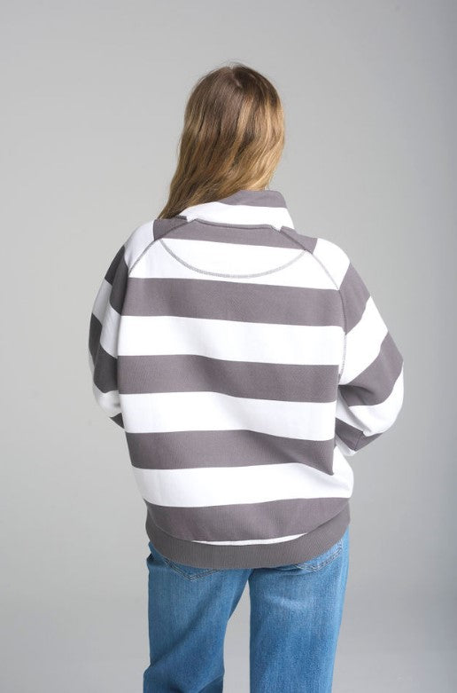 Cloth + Paper + Scissors - Stripe Relaxed 1/2 Zip Sweater - White/ Pavement