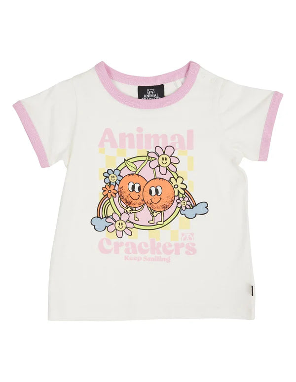 Animal Crackers - Cherry Check Tee - Vintage White