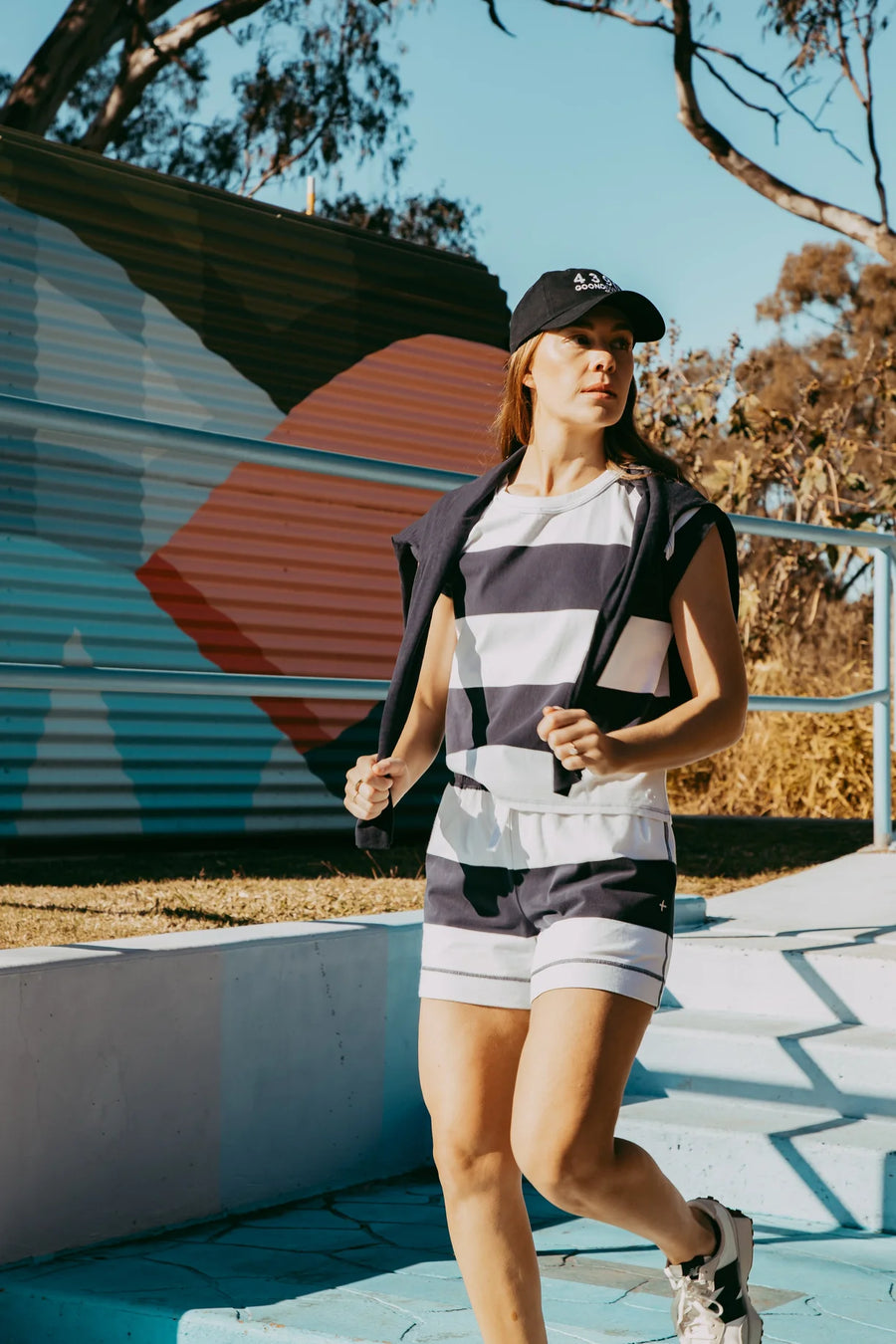 Cloth + Paper + Scissors - Stripe Cap Sleeve Raglan Tee - White/Parisian Navy