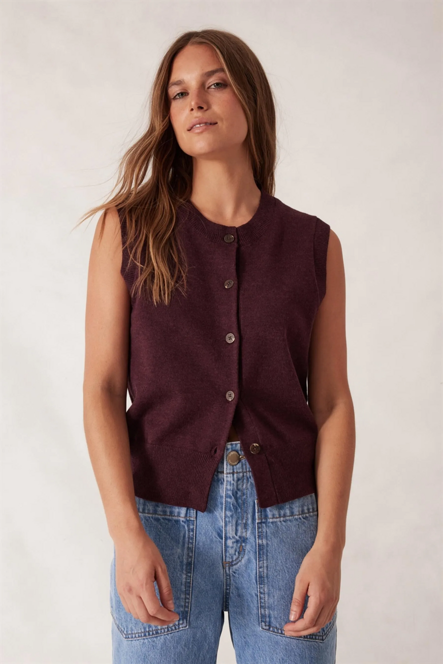 Ceres Life - Soft Knit Button Vest - Wine